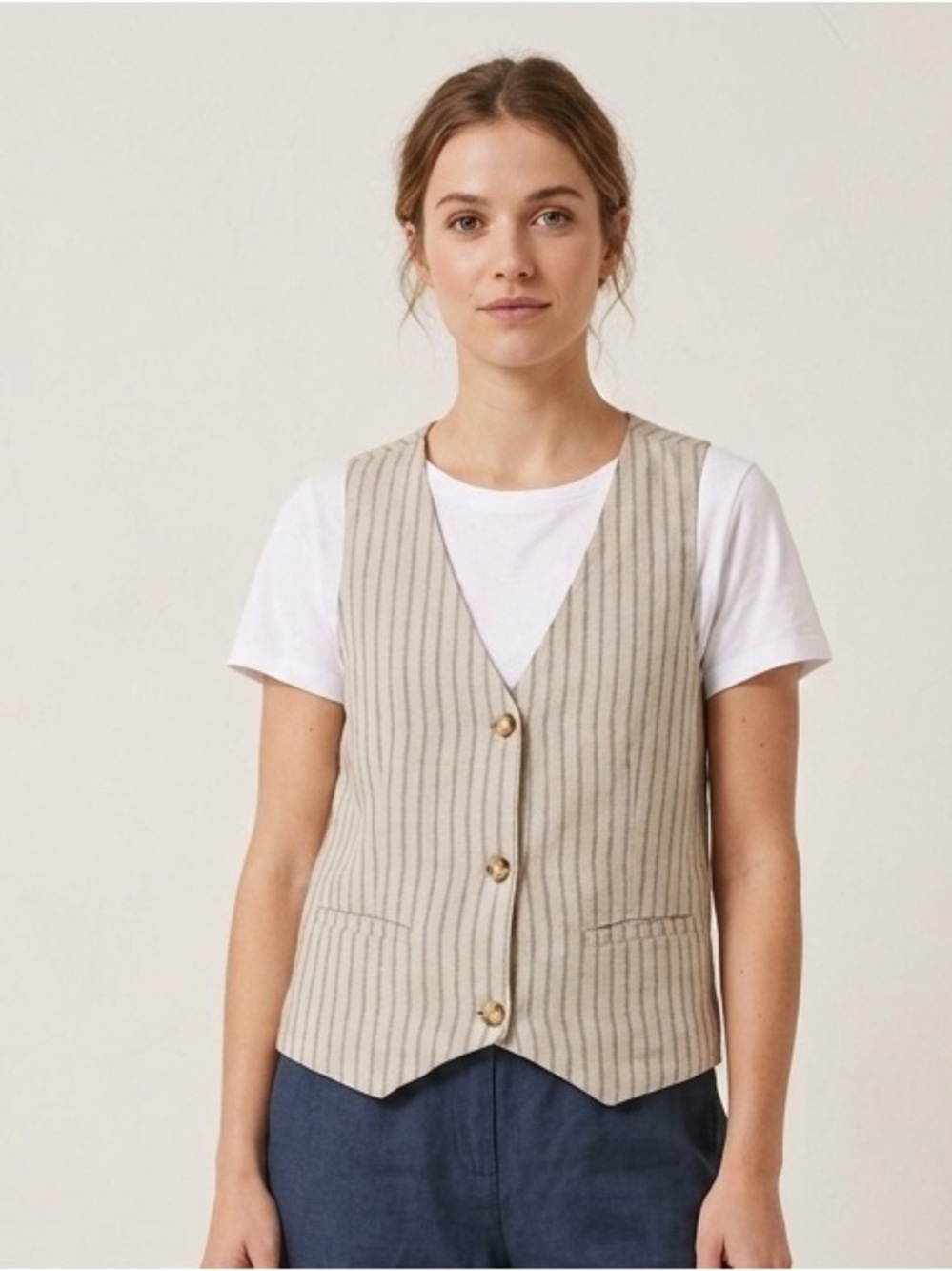 Indi & Cold Sz S Tan Pin Stripes Neutral Linen Vest